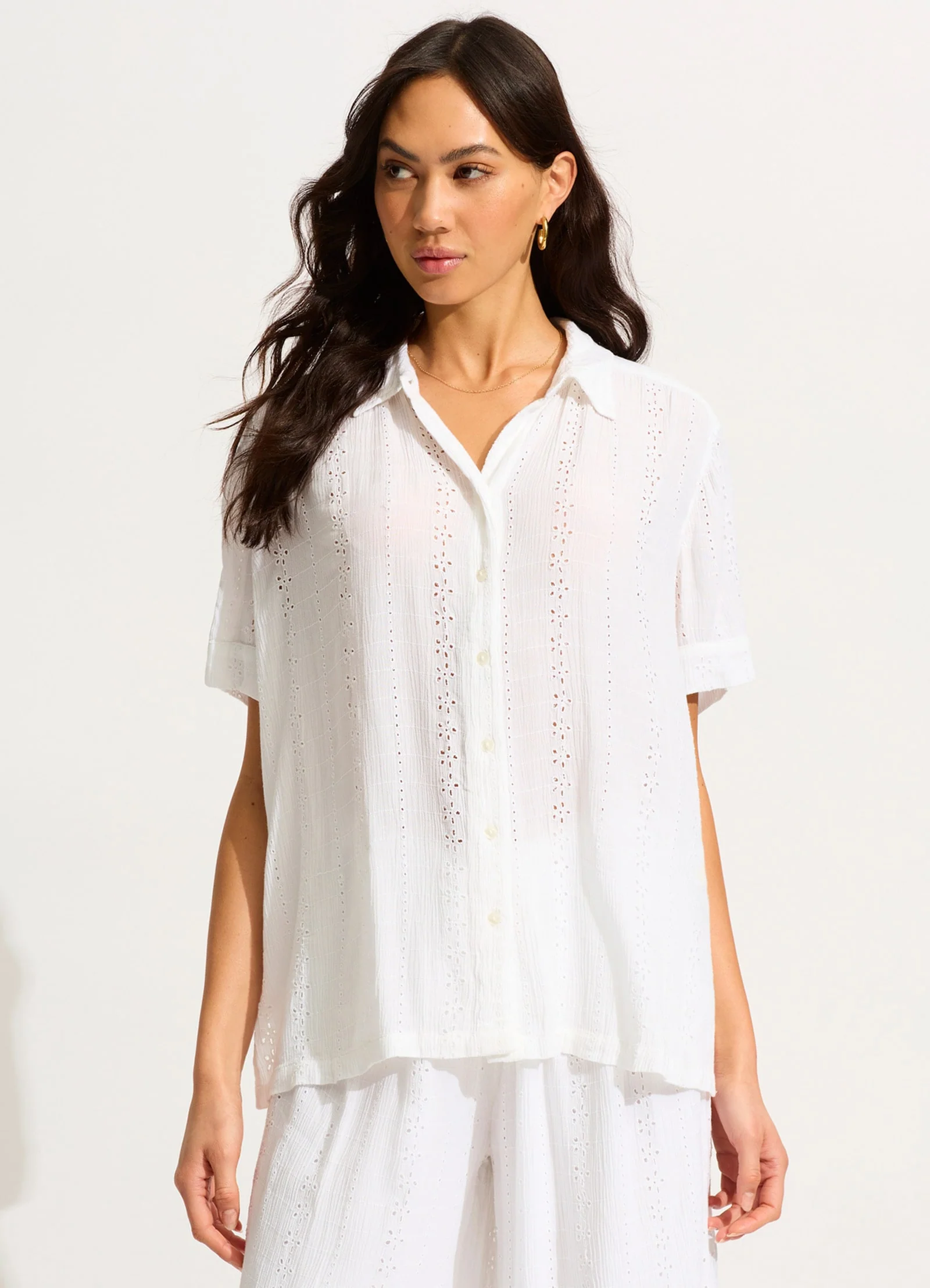 Broderie Short Sleeve Shirt - White - Image 2
