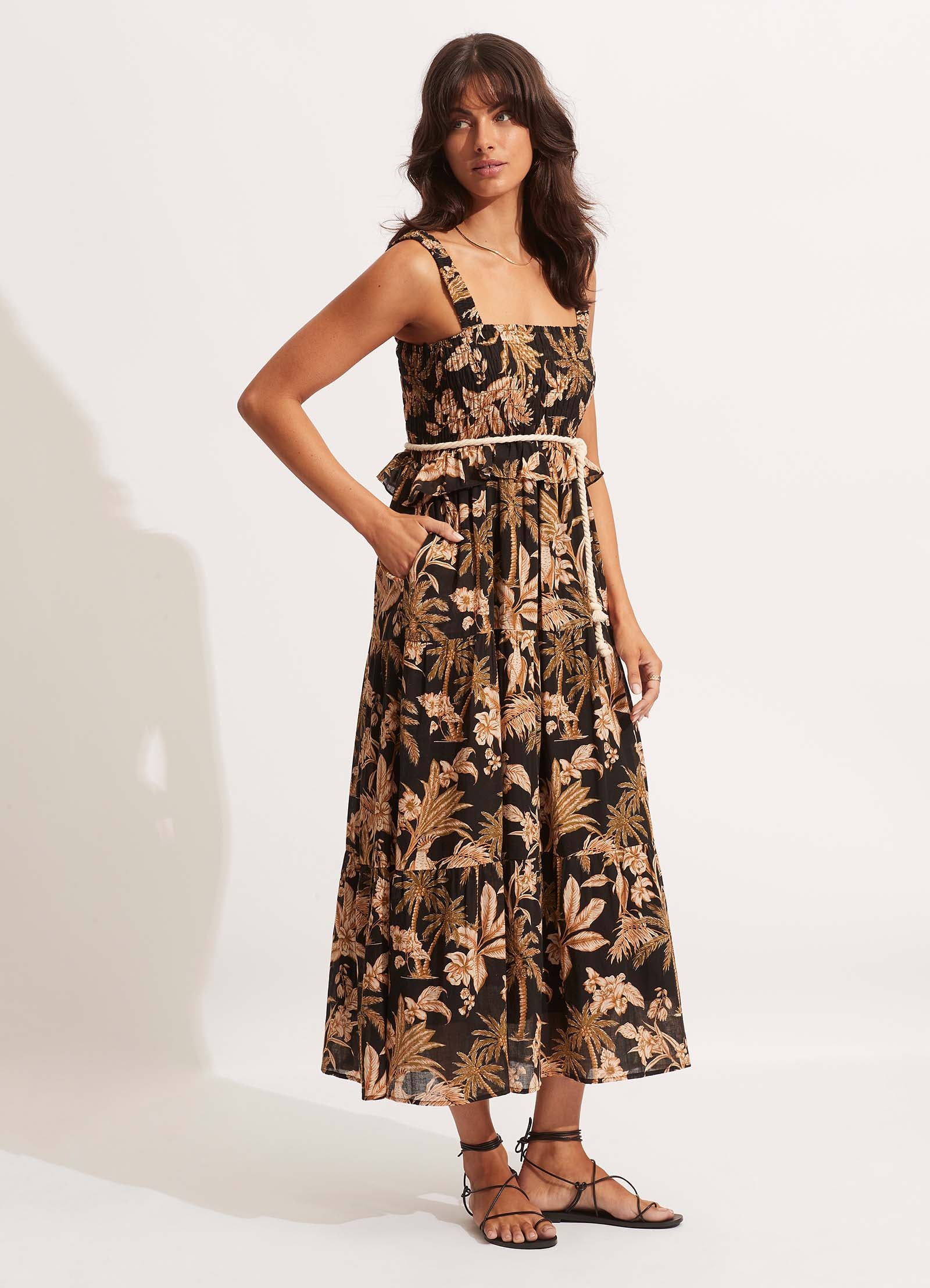 Castaway Shirring Dress - Black - Image 4