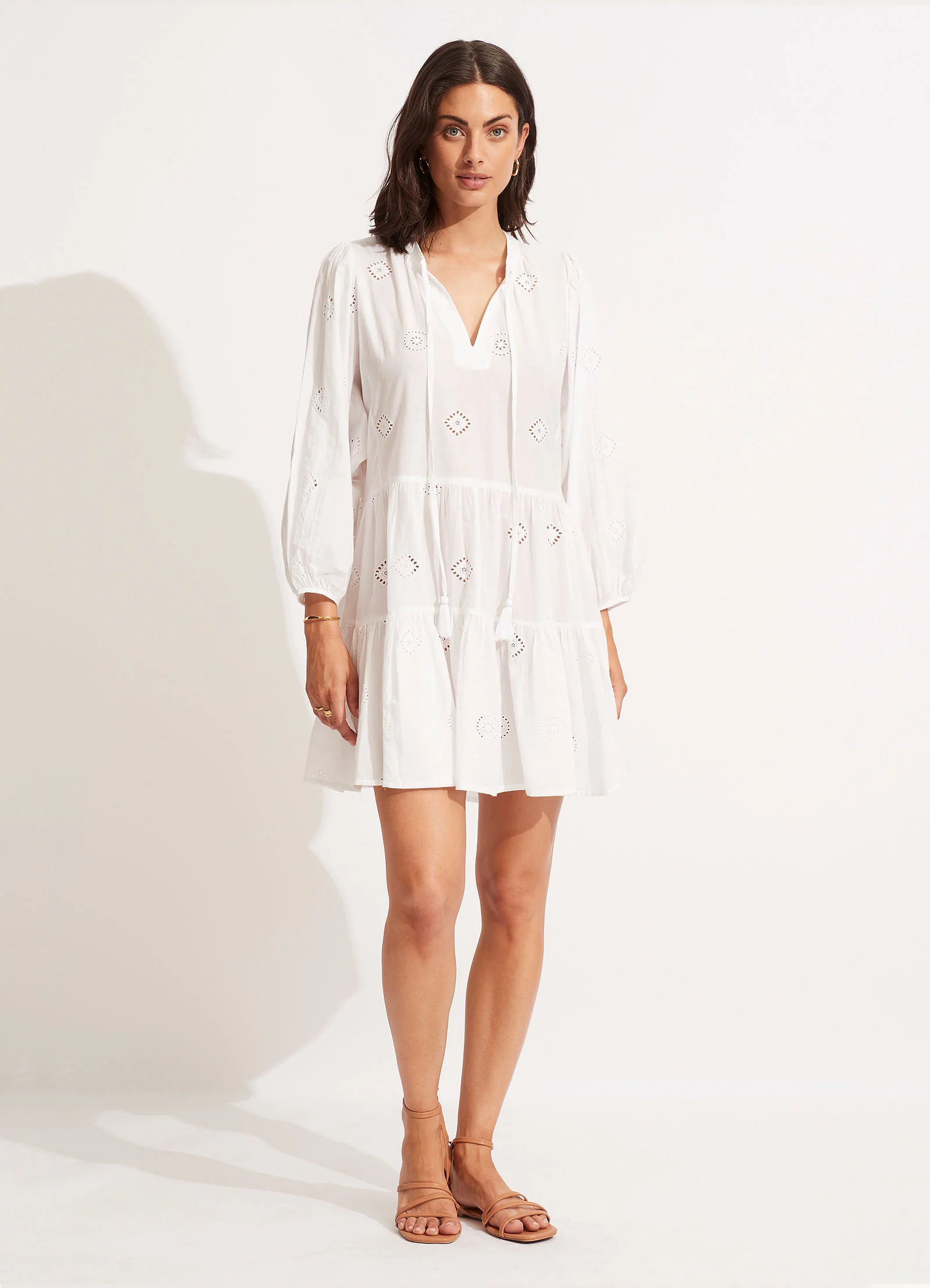 Embroidery Tiered Dress - White - Image 2