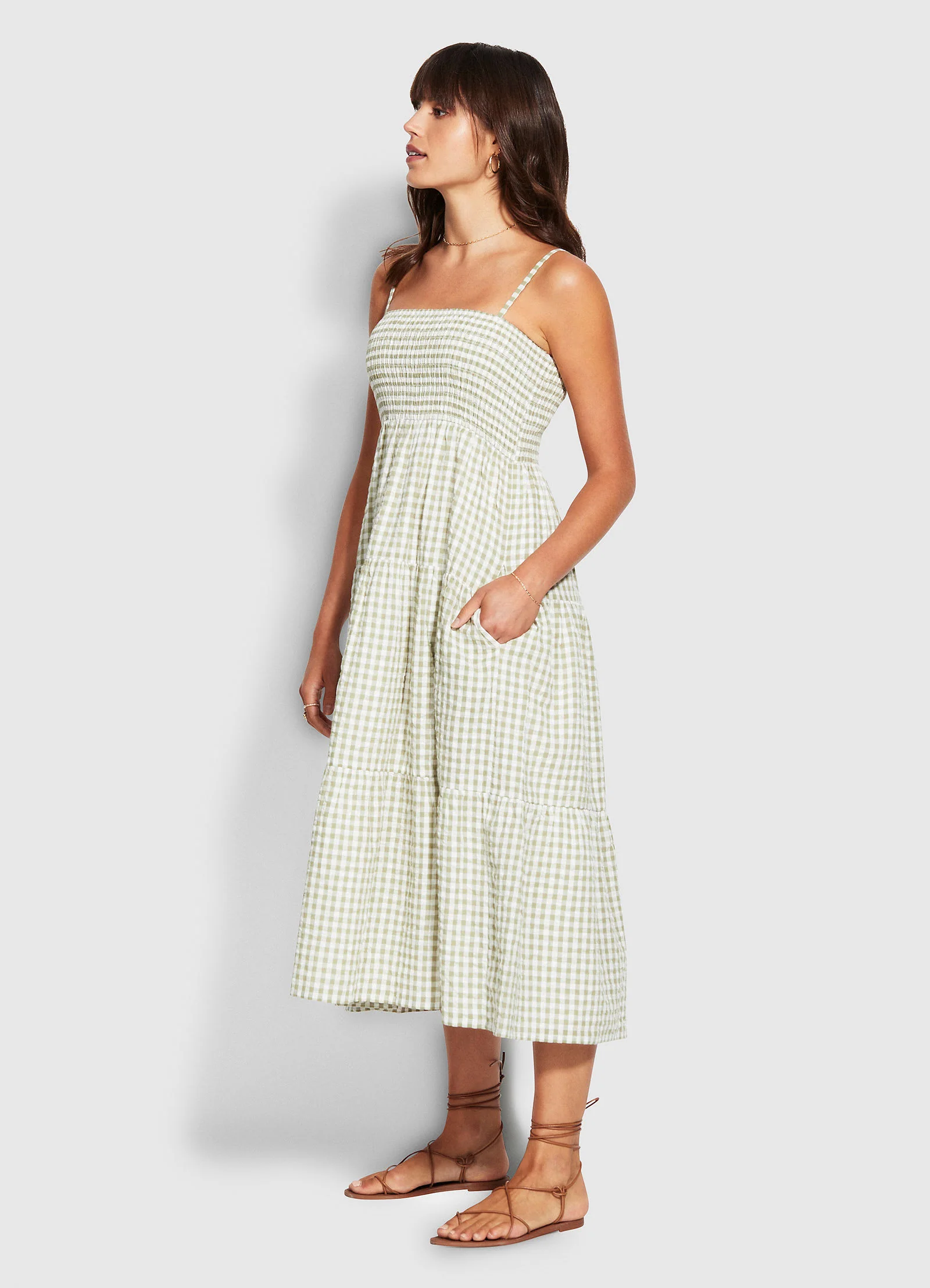 Gingham Shirring Dress - Thyme - Image 2