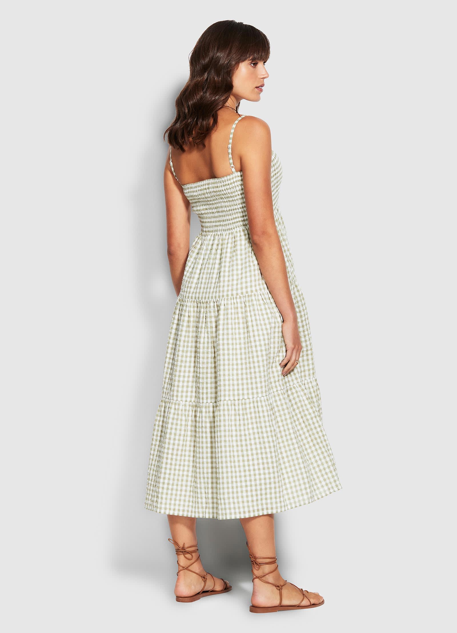 Gingham Shirring Dress - Thyme - Image 3