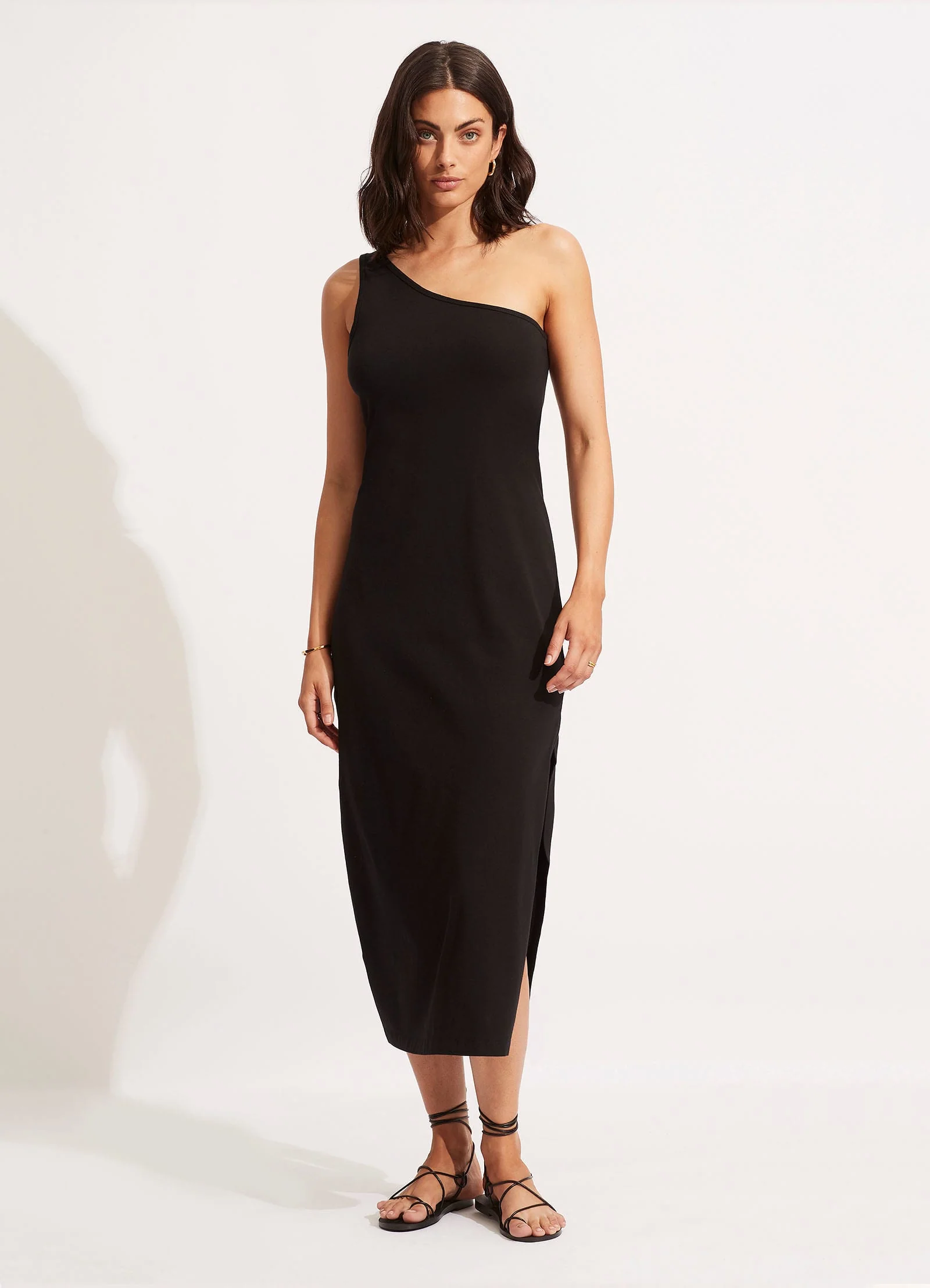 Jersey One Shoulder Midi Dress - Black - Image 2