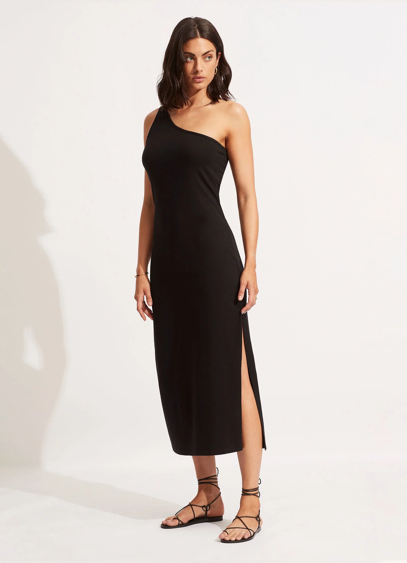 Jersey One Shoulder Midi Dress - Black - Image 3