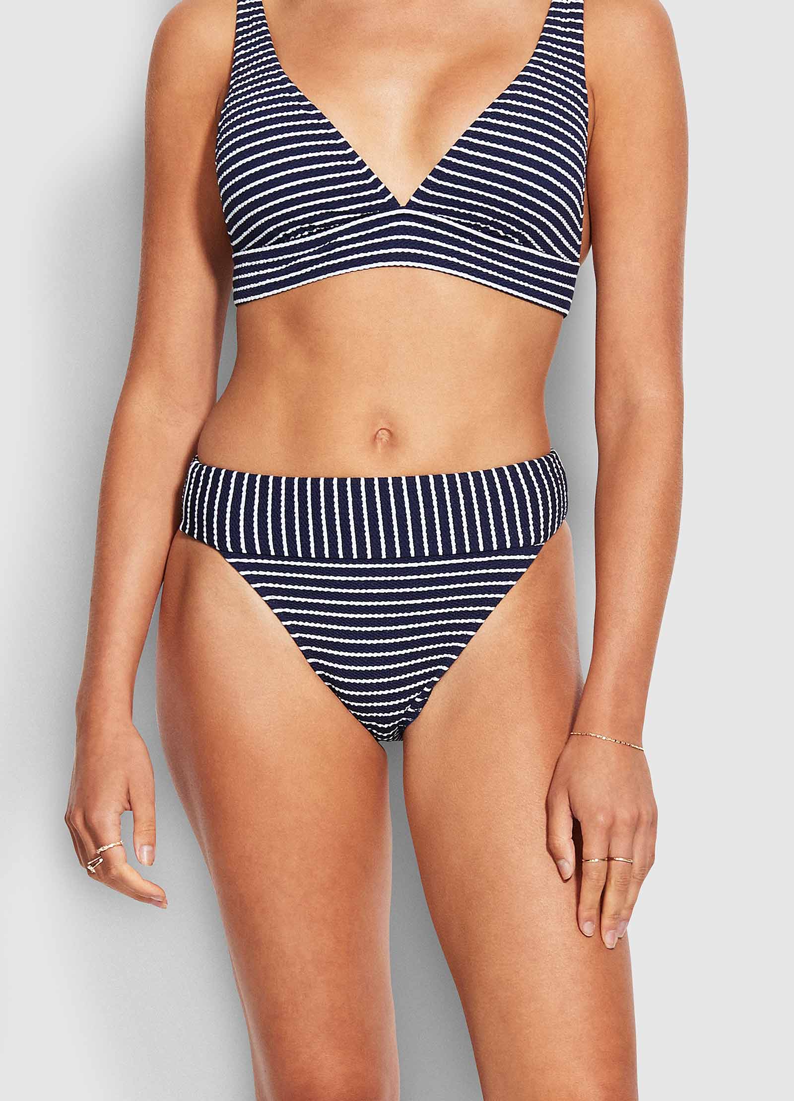 Seaside Stripe Banded High Rise Bikini Bottom - True Navy - Image 2