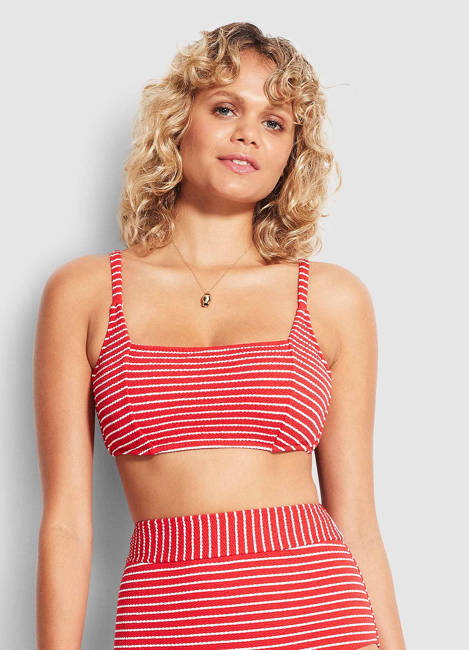 Seaside Stripe DD Square Neck Tank Bikini Top - Chilli Red - Image 5