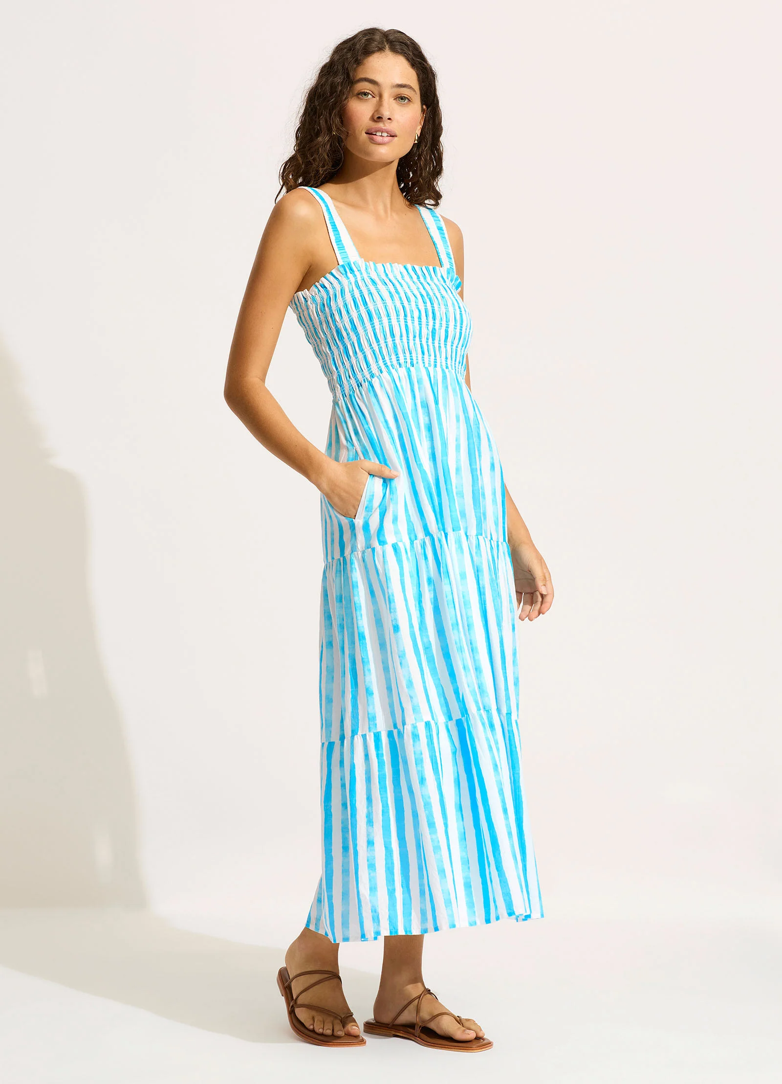 Shirred Midi Dress - Turquoise - Image 2