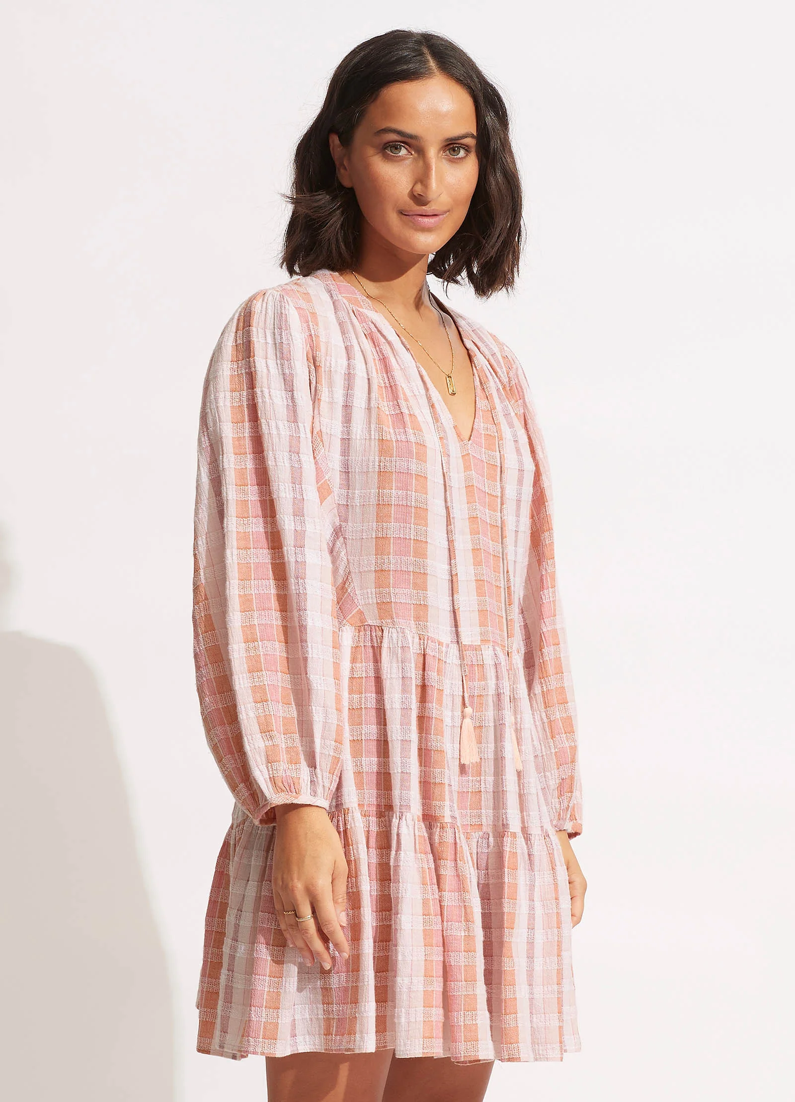 Textured Gingham Tiered Dress - Lilac - Image 3